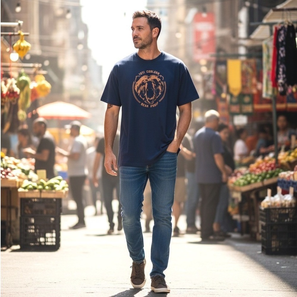 New YETI Coolers Bear Proof T-Shirt Men's XL Navy Blue Orange Graphic Cotton Tee